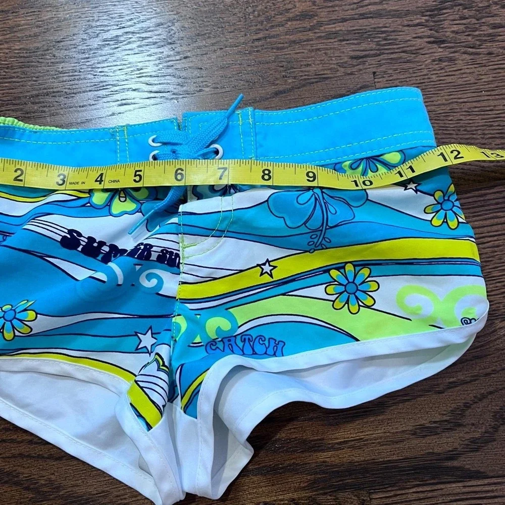 y2k KIDS girls ocean pacific blue & green hibiscus print board swim shorts small